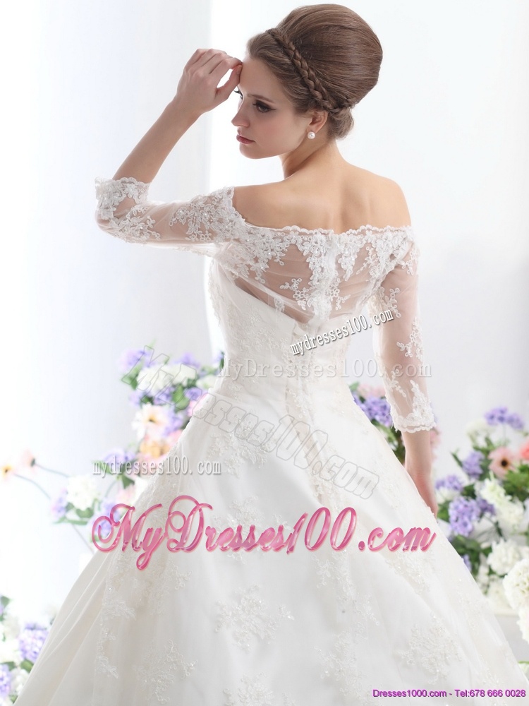 2016 Elegant Off the Shoulder Wedding Dress with 3/4 Length Sleeve