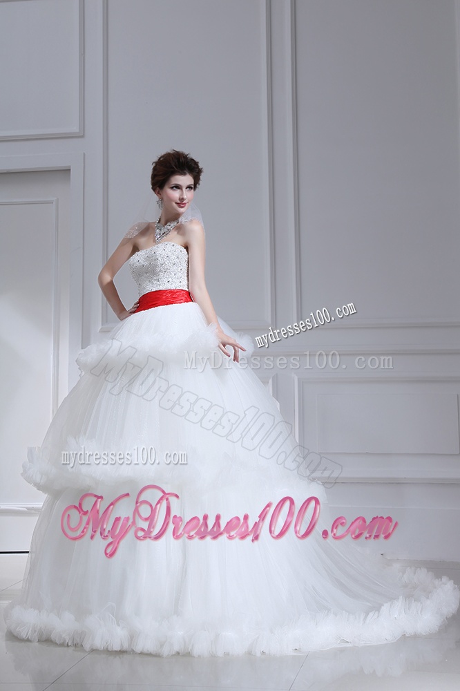 2016 Spring Beautiful Strapless Beading Ruffled Layers Chapel Train Wedding Dress