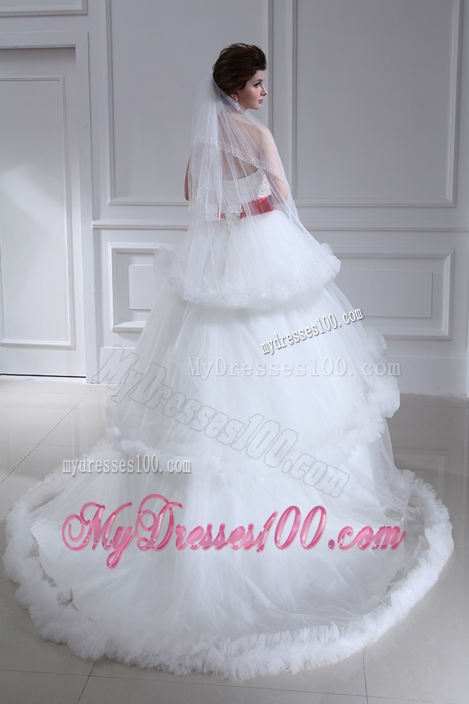 2016 Spring Beautiful Strapless Beading Ruffled Layers Chapel Train Wedding Dress