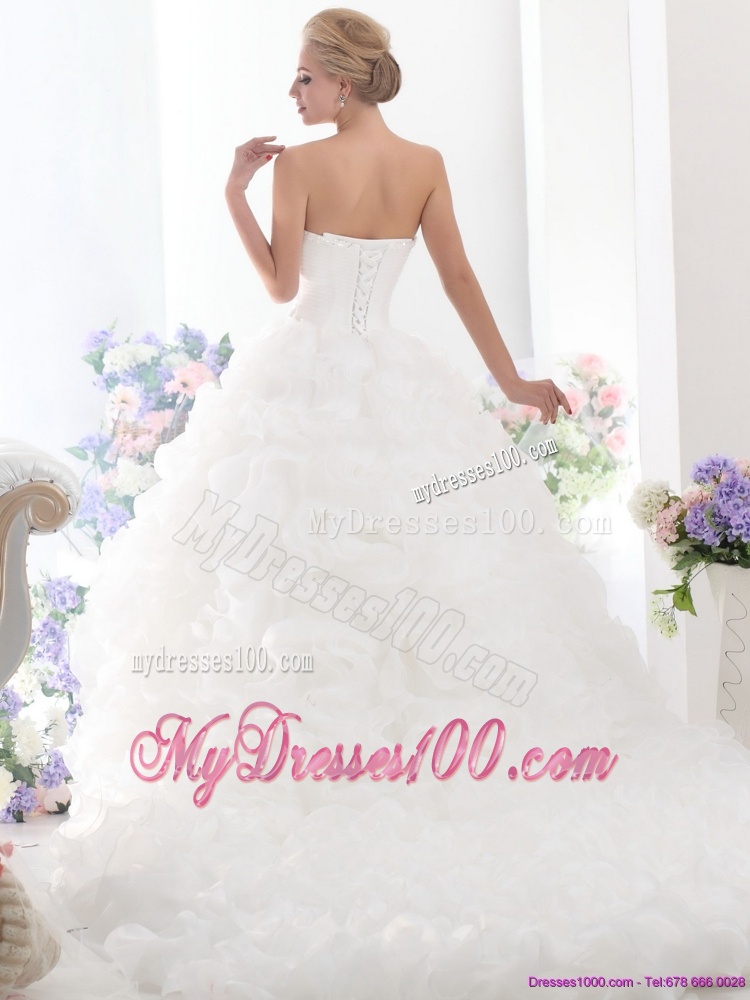 2016 Sweetheart Ruffles and Beading White Wedding Dresses with Brush Train