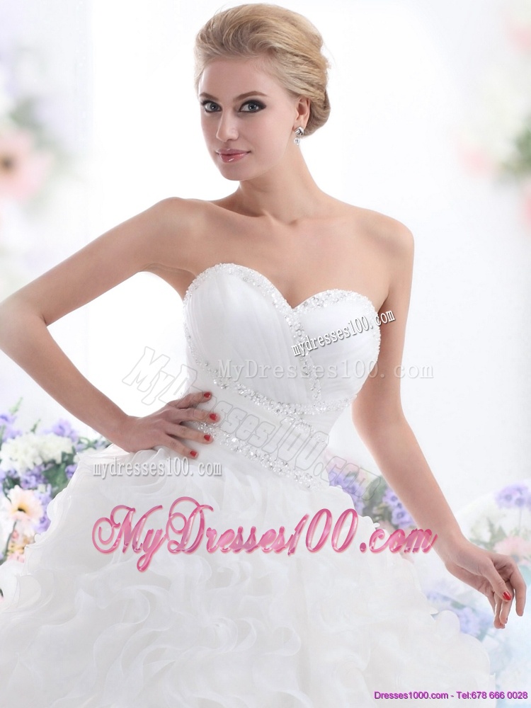 2016 Sweetheart Ruffles and Beading White Wedding Dresses with Brush Train