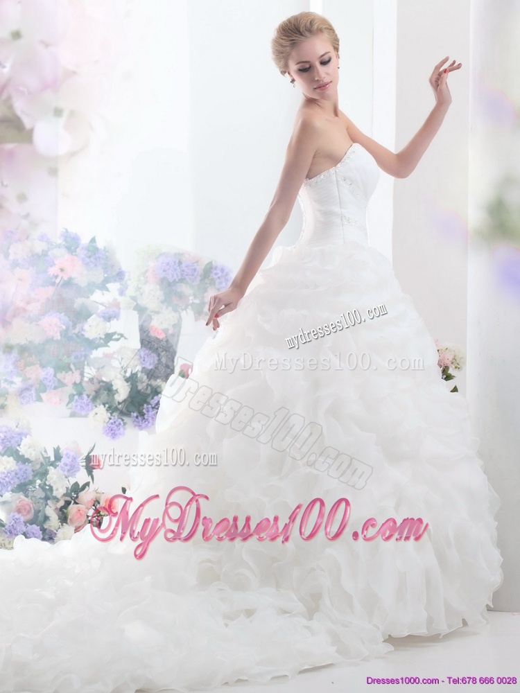 2016 Sweetheart Ruffles and Beading White Wedding Dresses with Brush Train