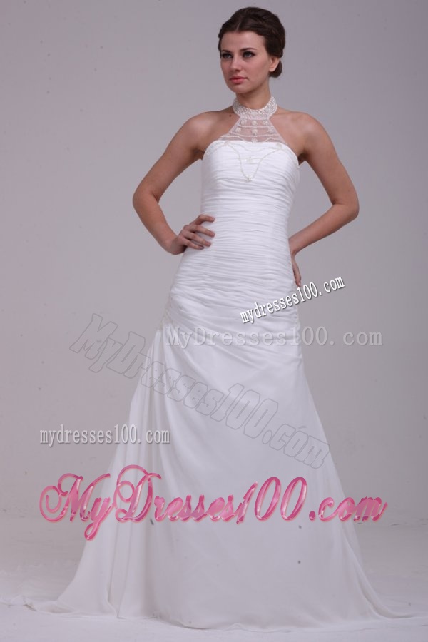A-Line Halter Ruching and Appliques Chiffon Wedding Dress