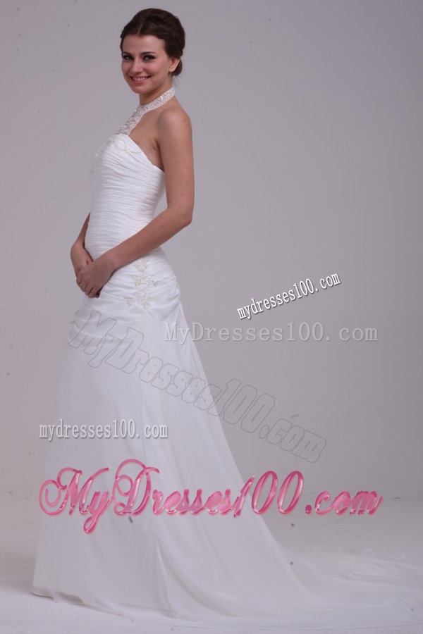 A-Line Halter Ruching and Appliques Chiffon Wedding Dress