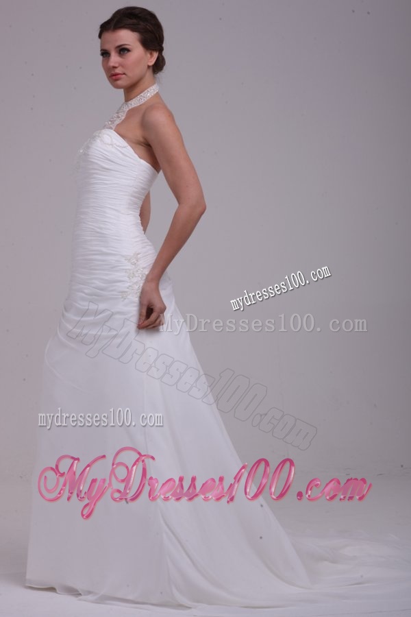 A-Line Halter Ruching and Appliques Chiffon Wedding Dress