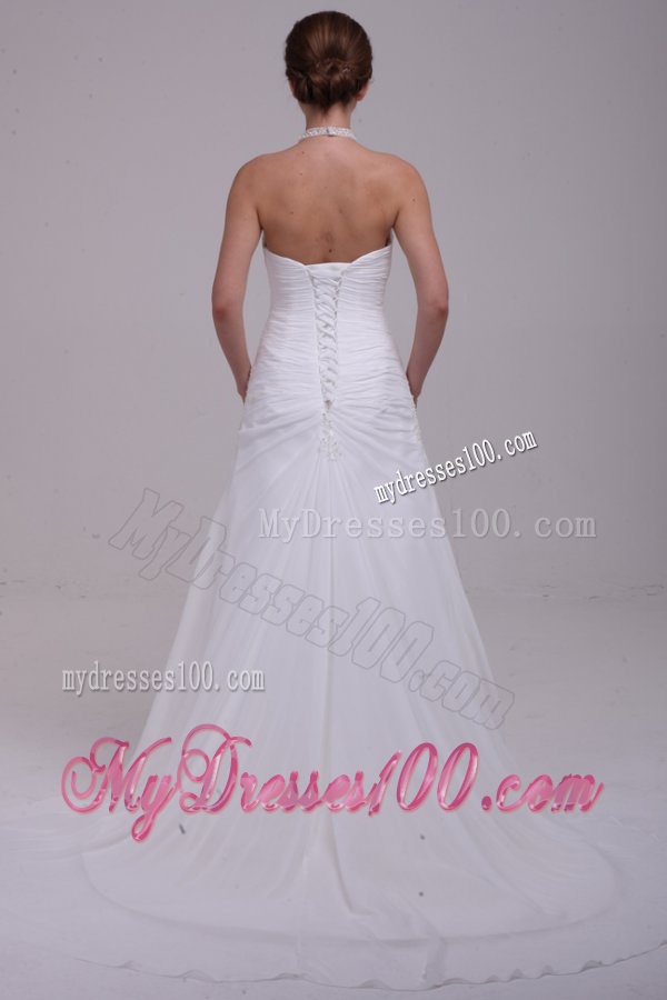 A-Line Halter Ruching and Appliques Chiffon Wedding Dress