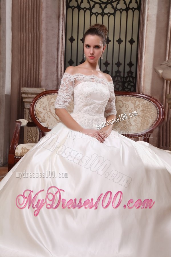 A-Line Off The Shoulder Brush Train Lace Appliques Wedding Dress