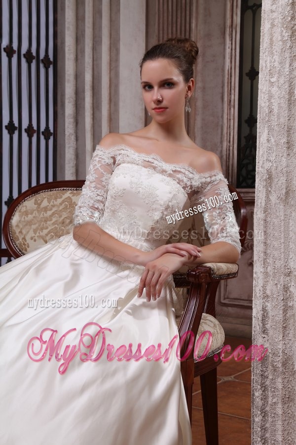 A-Line Off The Shoulder Brush Train Lace Appliques Wedding Dress
