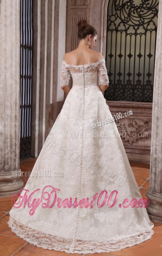 A-Line Off The Shoulder Brush Train Lace Appliques Wedding Dress