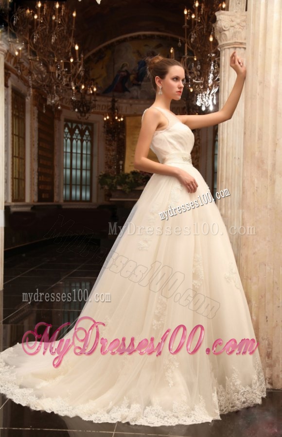 A-Line One Shoulder Chapel Train Appliques Tulle Wedding Dress with Side Zipper