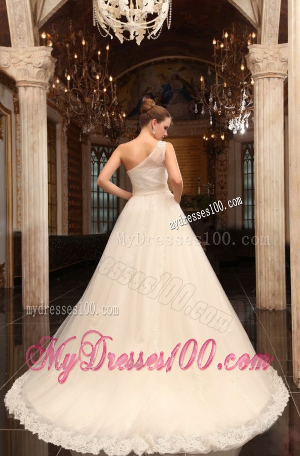 A-Line One Shoulder Chapel Train Appliques Tulle Wedding Dress with Side Zipper