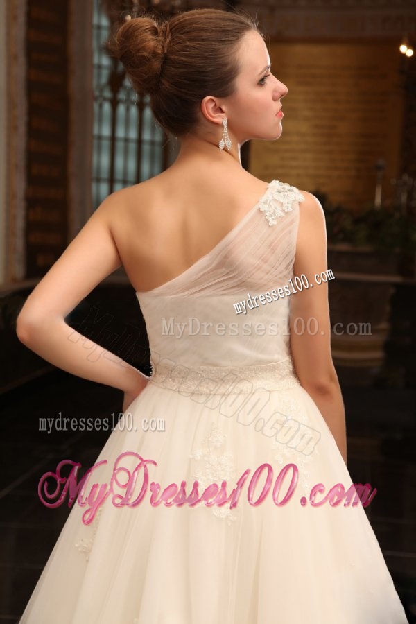 A-Line One Shoulder Chapel Train Appliques Tulle Wedding Dress with Side Zipper