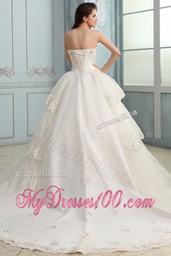 A-Line Sweetheart Taffeta and Tulle Appliques Lace Wedding Dress