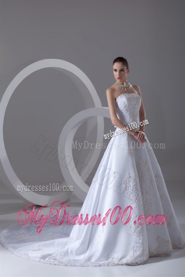 A-line Strapless Appliques Cathedral Train Satin Wedding Dress