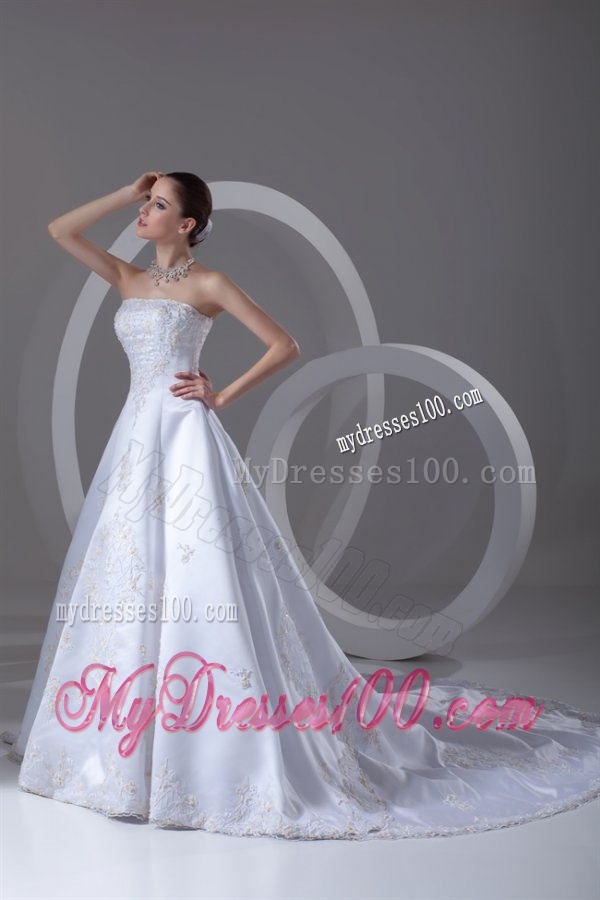A-line Strapless Appliques Cathedral Train Satin Wedding Dress