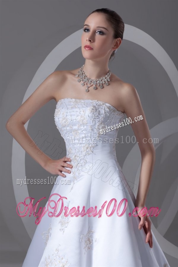 A-line Strapless Appliques Cathedral Train Satin Wedding Dress