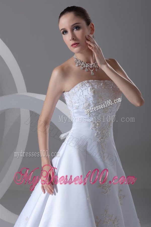 A-line Strapless Appliques Cathedral Train Satin Wedding Dress