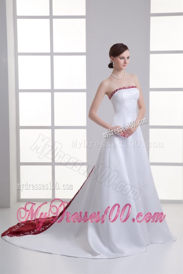 A-line Strapless Embroidery Chapel Train Satin Wedding Dress