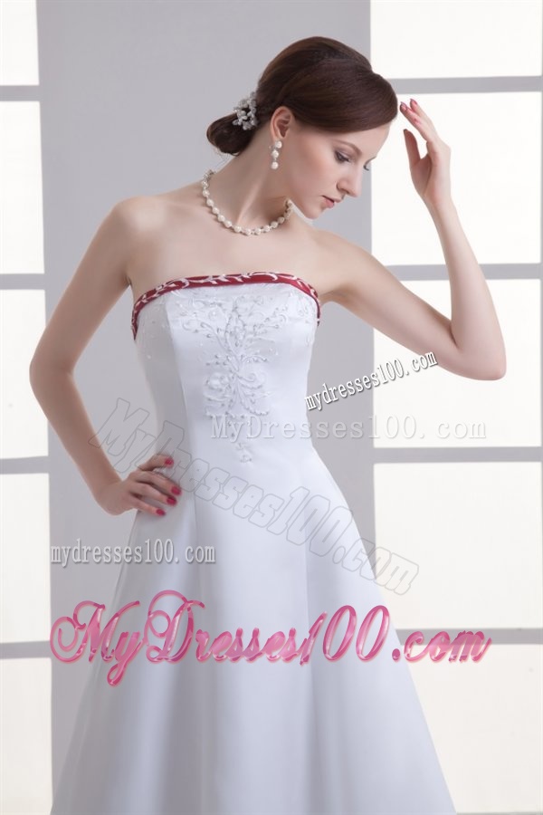 A-line Strapless Embroidery Chapel Train Satin Wedding Dress