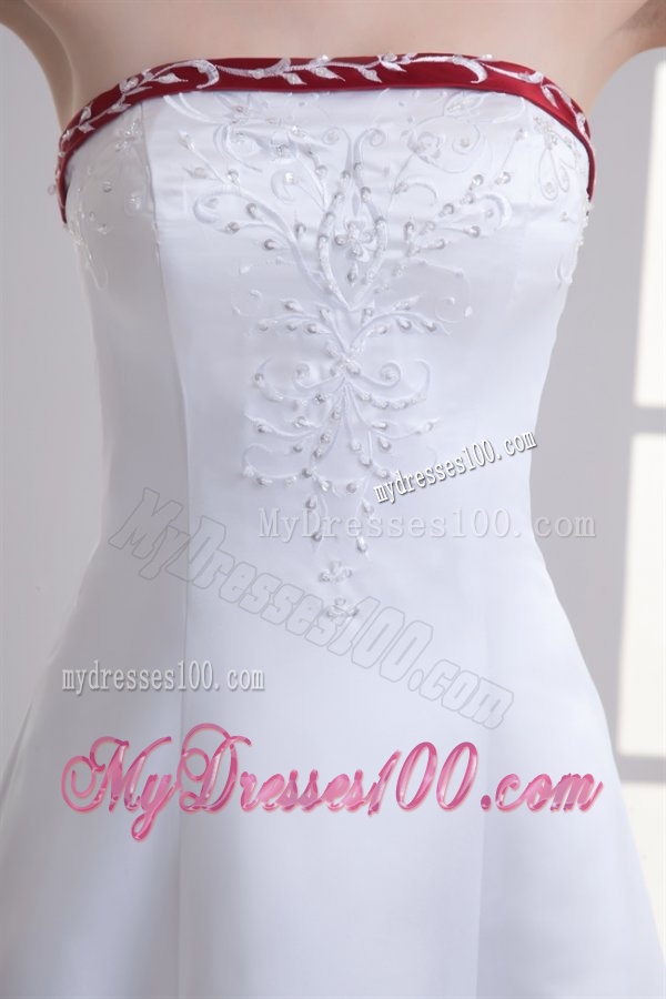 A-line Strapless Embroidery Chapel Train Satin Wedding Dress