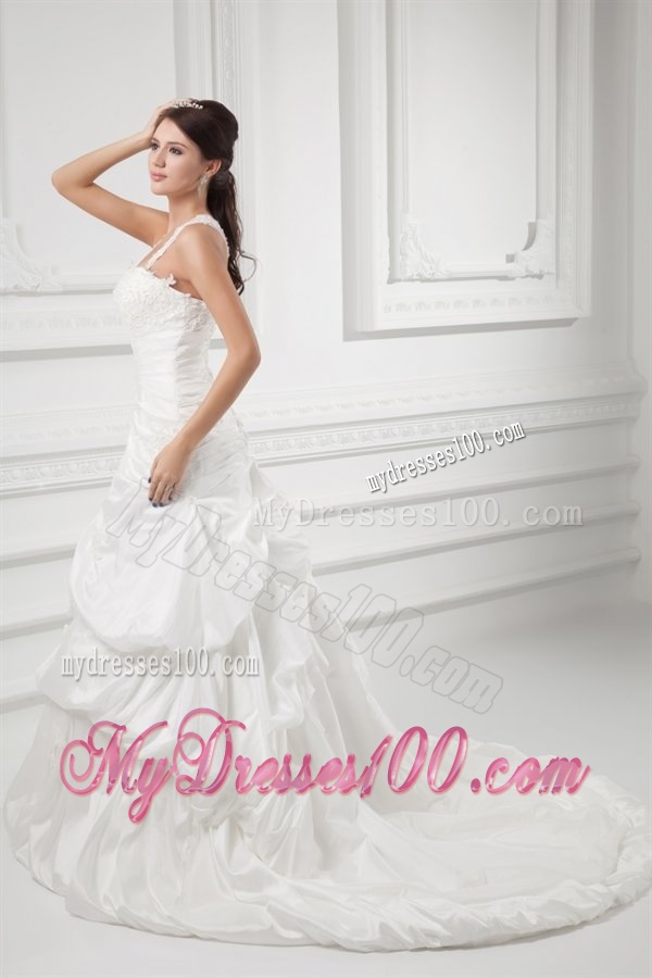 A-line Straps Appliques and Pick-ups Court Train Wedding Dress
