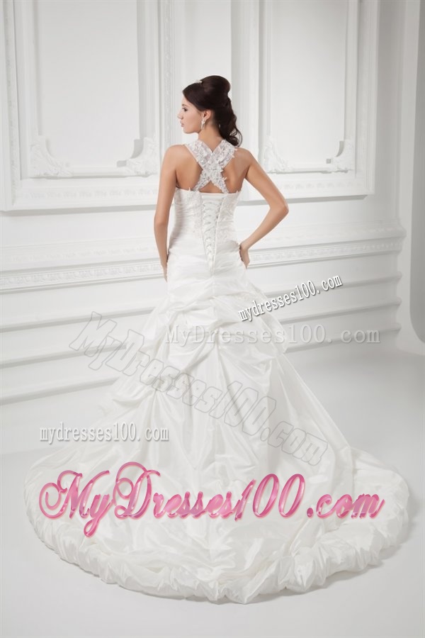 A-line Straps Appliques and Pick-ups Court Train Wedding Dress