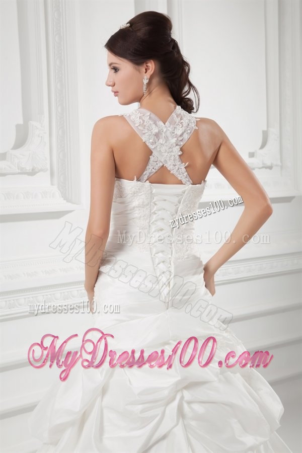 A-line Straps Appliques and Pick-ups Court Train Wedding Dress