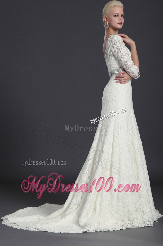 Beautiful Empire Lace White Long Wedding Dresses with Court Train for 2016