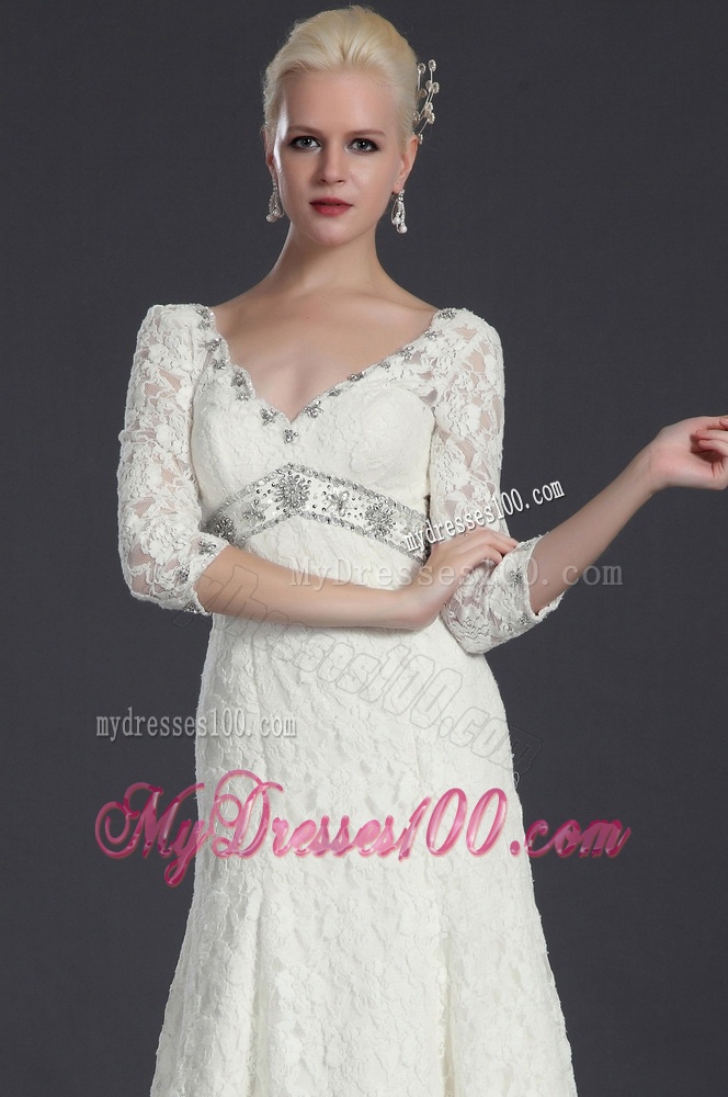 Beautiful Empire Lace White Long Wedding Dresses with Court Train for 2016