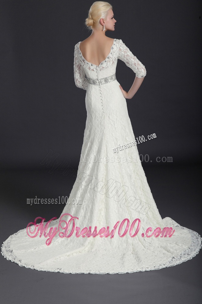 Beautiful Empire Lace White Long Wedding Dresses with Court Train for 2016