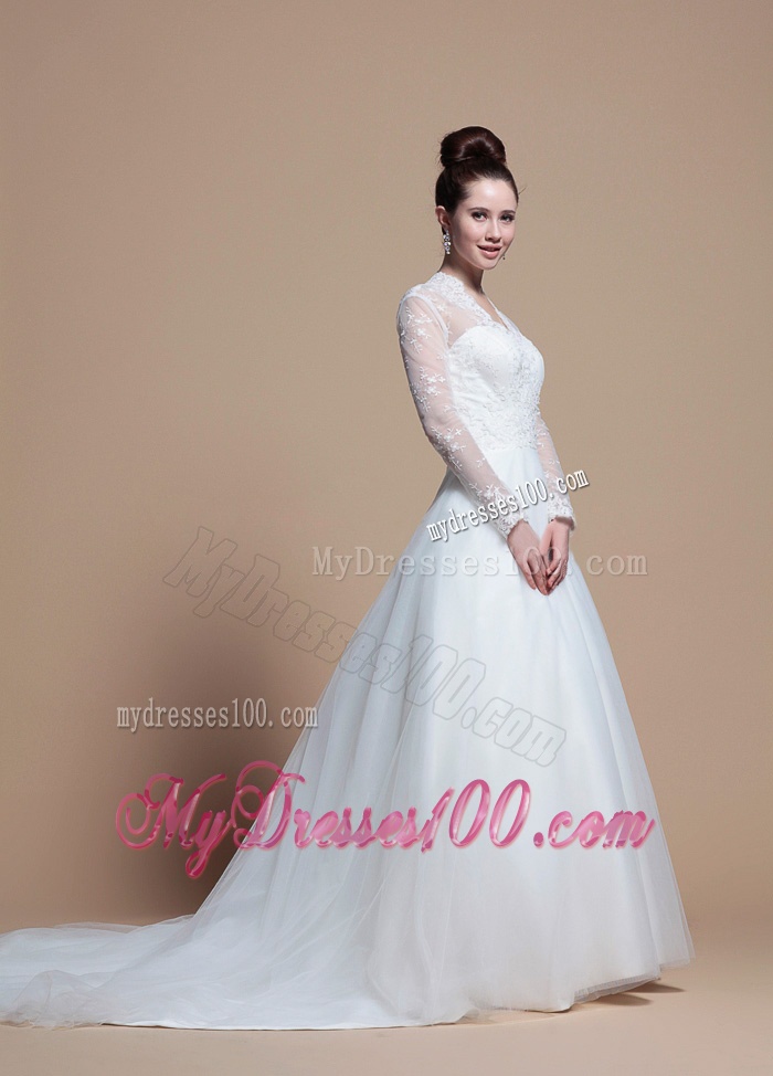 Custom Made A Line V Neck Wedding Dresses with Appliques