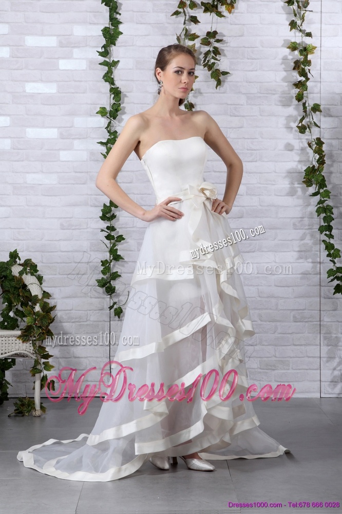 Detachable White Strapless Wedding Dresses with Brush Train and Bownot