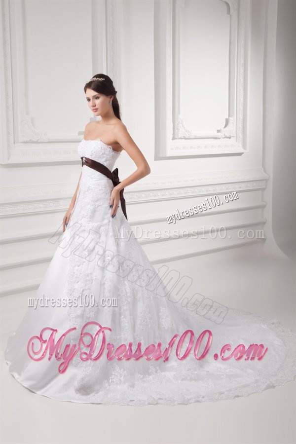 Discount A-line Strapless Court Train Wedding Dress with Sash