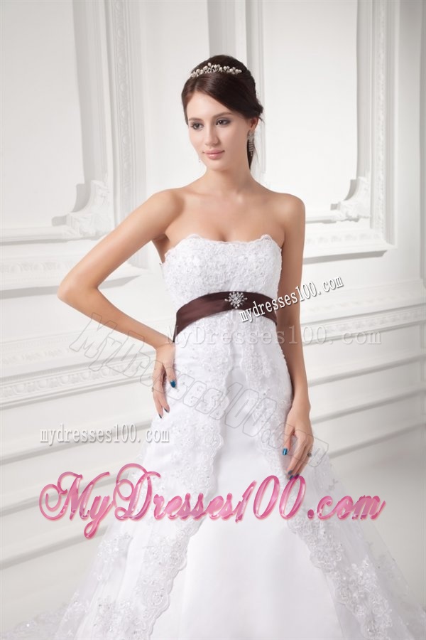 Discount A-line Strapless Court Train Wedding Dress with Sash