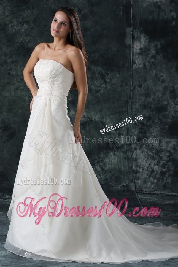 Elegant A-Line Ruching Organza Wedding Dress with Court Train