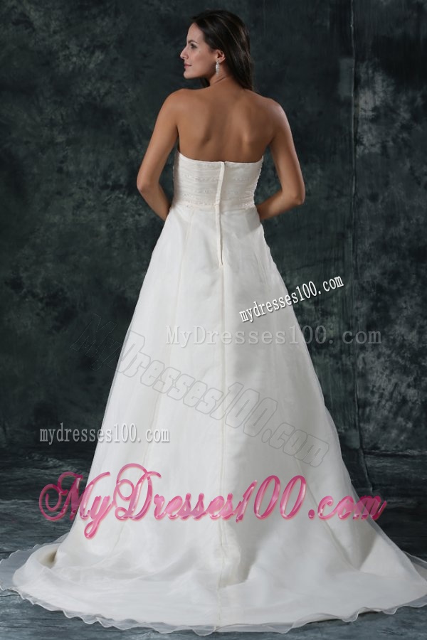 Elegant A-Line Ruching Organza Wedding Dress with Court Train