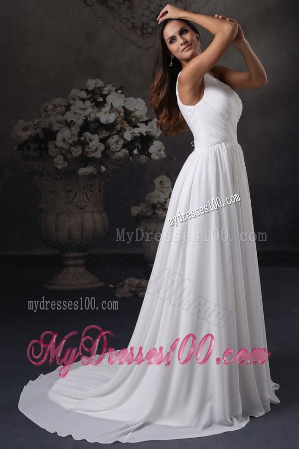 Empire One Shoulder Chiffon Ruching Side Zipper Wedding Dress with Court Train
