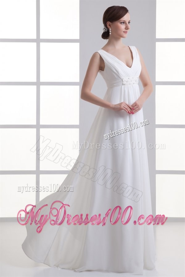 Empire V-neck Beading and Ruching Chiffon Wedding Dress