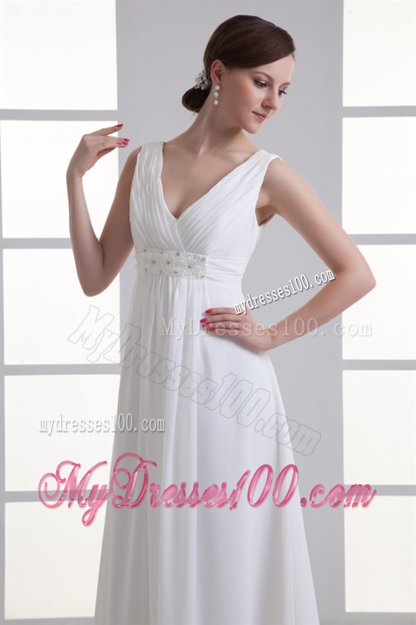 Empire V-neck Beading and Ruching Chiffon Wedding Dress