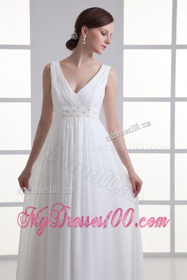 Empire V-neck Beading and Ruching Chiffon Wedding Dress