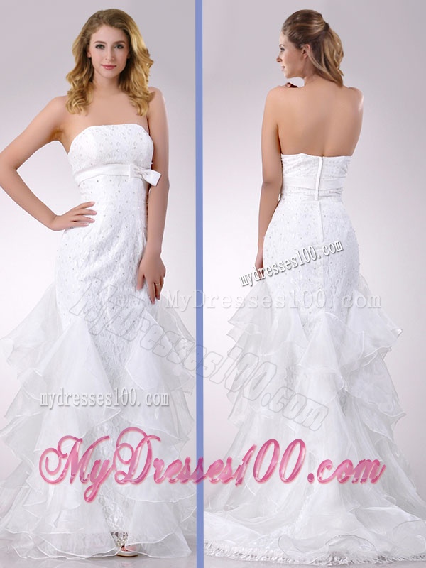 Exquisite Column Strapless Brush Train Beaded Bridal Dress in Organza
