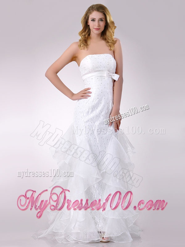 Exquisite Column Strapless Brush Train Beaded Bridal Dress in Organza