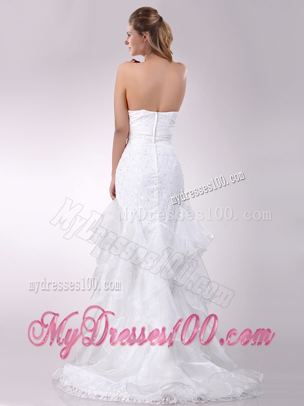 Exquisite Column Strapless Brush Train Beaded Bridal Dress in Organza