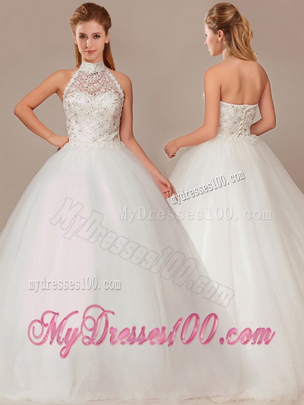 Fashionable Ball Gown High Neck Wedding Dresses with Beading and Appliques