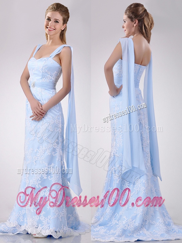 Gorgeous Mermaid Beaded and Laced Light Blue Wedding Dress with Brush Train