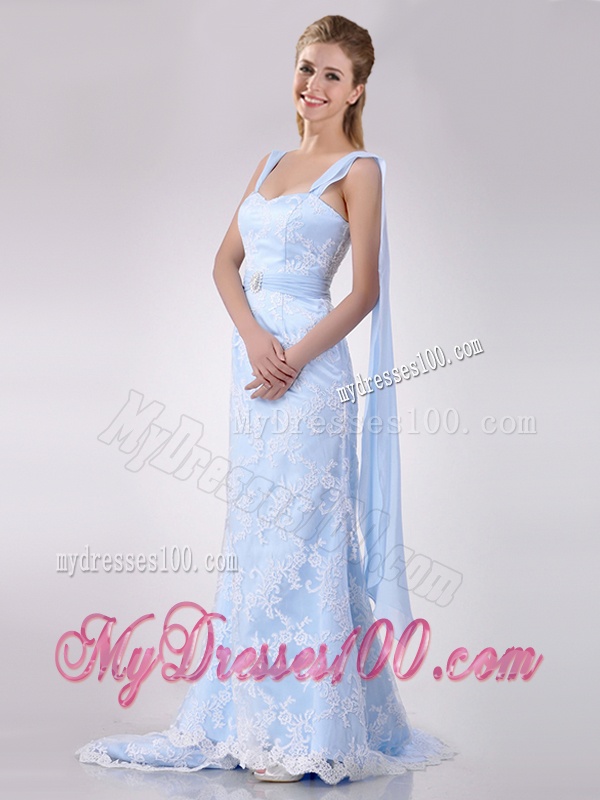 Gorgeous Mermaid Beaded and Laced Light Blue Wedding Dress with Brush Train