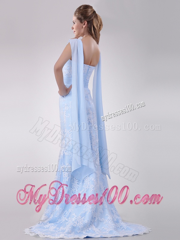 Gorgeous Mermaid Beaded and Laced Light Blue Wedding Dress with Brush Train