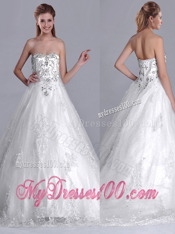 Luxurious Strapless Princess Brush Train Beaded Wedding Dress in Tulle