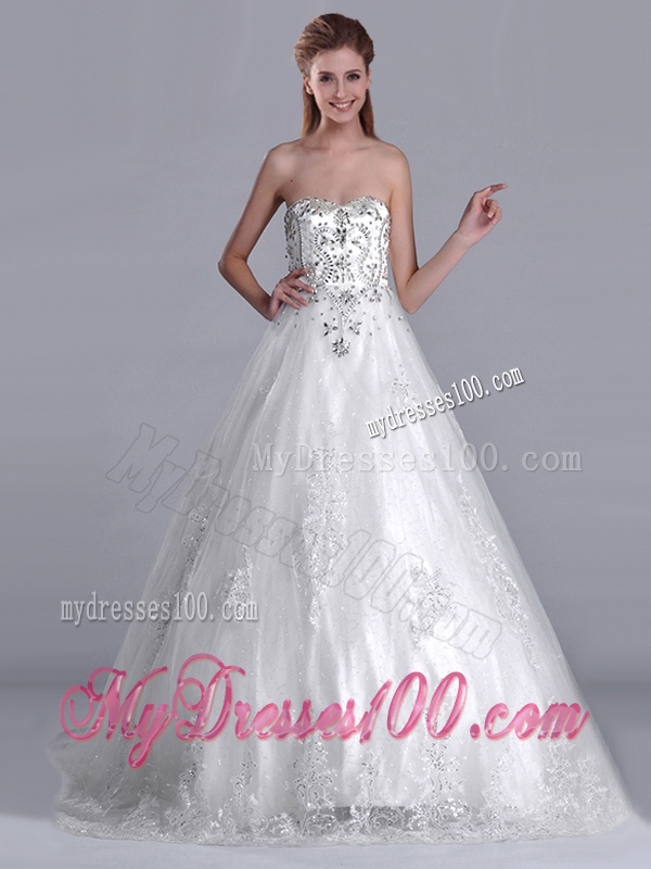 Luxurious Strapless Princess Brush Train Beaded Wedding Dress in Tulle