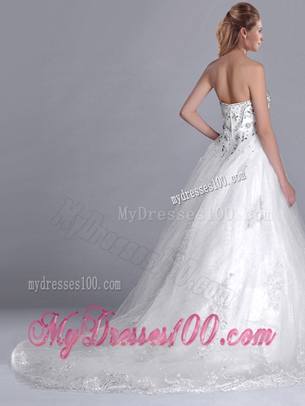 Luxurious Strapless Princess Brush Train Beaded Wedding Dress in Tulle